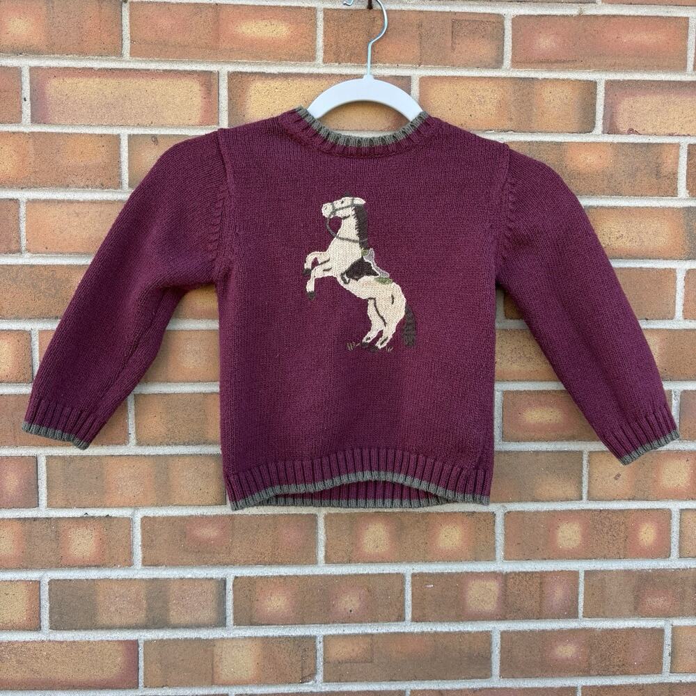 Janie And Jack Girls 4T Knit Horse Sweater Burgundy Fall Classic Cotton